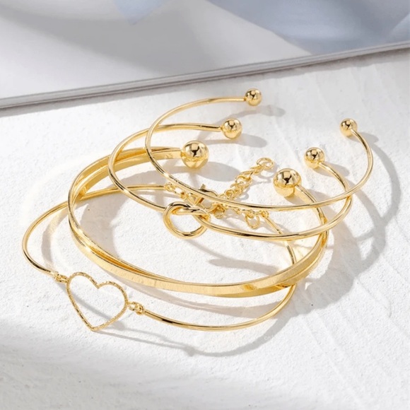 Stainless Steel Gold Bracelet Set (4) | Heart & Knot Bangles | New - Picture 5 of 8
